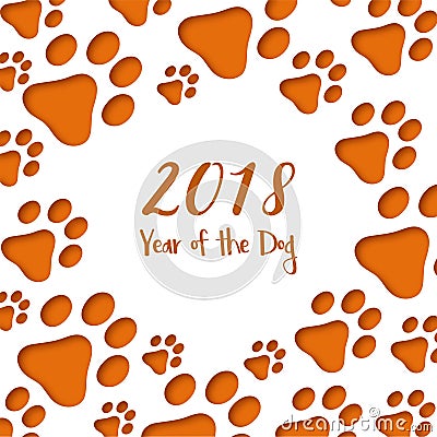 Paper cut dog footprints. Happy Chinese New Year Greeting Card. Vector Illustration