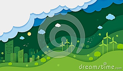 Paper cut of ecology and environment conservation creative idea concept. green eco urban city and nature landscape background Vector Illustration