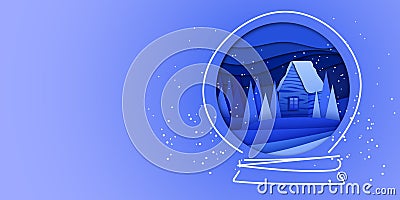 Paper cut effect. Banner with house in snowball. Vector flat illustration Vector Illustration