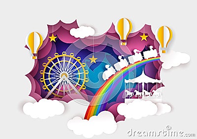 Paper cut ferris wheel, carousel, kids train, hot air balloons. Vector illustration in paper art style. Vector Illustration