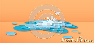 Paper cut fish jumping in water puddle concept Vector Illustration