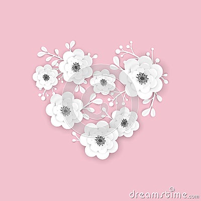 Paper Cut Flowers Frame Greeting Card Template. Decorative Design with 3D Origami Floral Elements for Spring Banner, Summer Sale Vector Illustration