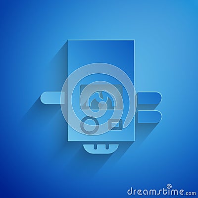 Paper cut Gas boiler with a burning fire icon isolated on blue background. Paper art style. Vector Vector Illustration