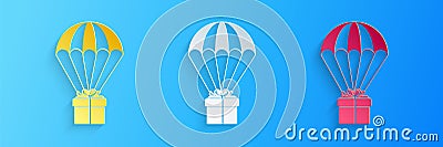 Paper cut Gift box flying on parachute icon isolated on blue background. Delivery service, air shipping concept, bonus Vector Illustration