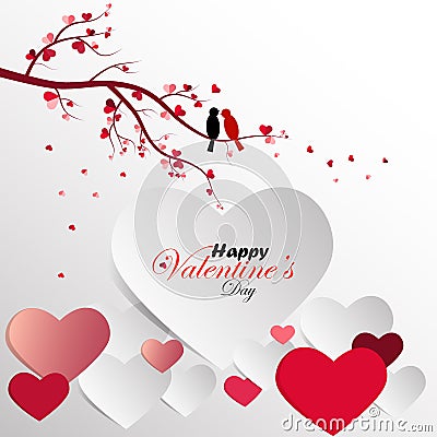 Paper Cut Hearts On White Background With Twin Birds On Hearts Tree. Stock Photo