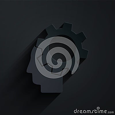 Paper cut Human head with gear inside icon isolated on black background. Artificial intelligence. Thinking brain. Symbol Vector Illustration