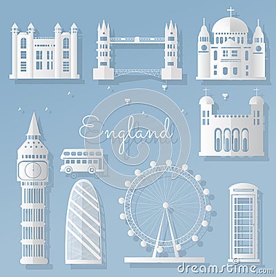 Paper cut important elements of the world famous London, England, world-class cities - vector Editorial Stock Photo