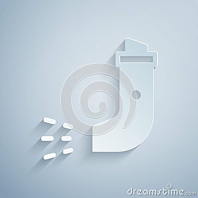 Paper cut Inhaler icon isolated on grey background. Breather for cough relief, inhalation, allergic patient. Paper art Vector Illustration