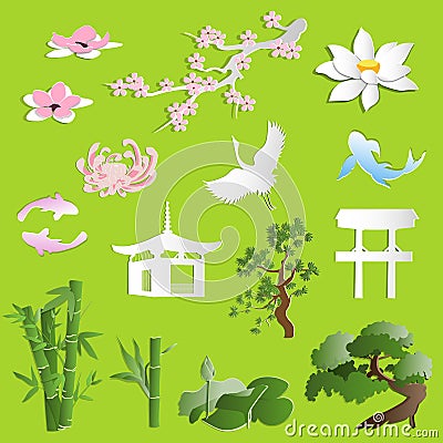 Paper cut japanese set. Illustration of national objects: houses, pagodas, bamboo, bonsai, torii and koi carps Vector Illustration