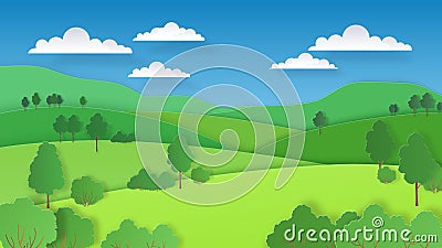 Paper cut landscape. Nature green hills fields mountains and forest, paper art rural scene. Vector ecology background Vector Illustration