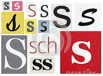 Paper cut letter S. Newspaper cutouts scrapbooking crafting Stock Photo