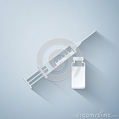 Paper cut Medical syringe with needle and vial or ampoule icon isolated on grey background. Vaccination, injection Vector Illustration