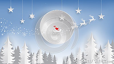 Paper Cut, Merry Christmas and Happy New Year, Santa Clause and reindeer flying over the moon Cartoon Illustration