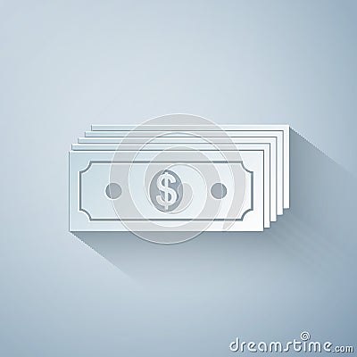 Paper cut Paper money american dollars cash icon isolated on grey background. Money banknotes stack with dollar icon Vector Illustration