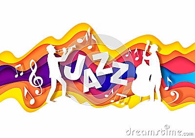 Paper cut musicians silhouettes playing trumpet and double bass, music notes. Vector illustration in paper art style. Vector Illustration