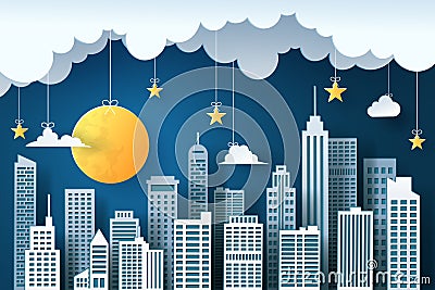 Paper cut of night city, urban with full moon, star, and clound. Paper art digital craft style Vector Illustration