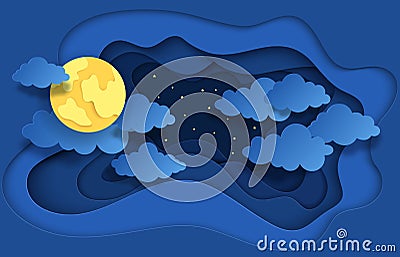 Paper cut night sky. Dreamy background with moon stars and clouds, abstract fantasy background. Vector origami backdrop Vector Illustration