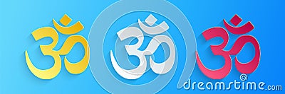 Paper cut Om or Aum Indian sacred sound icon isolated on blue background. The symbol of the divine triad of Brahma Vector Illustration