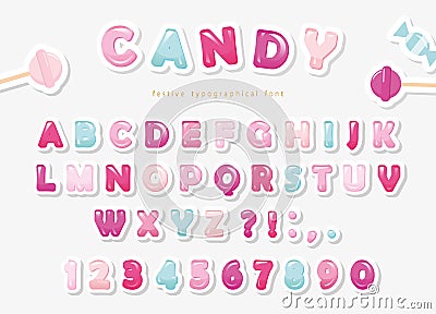 Paper cut out sweet font design. Candy ABC letters and numbers. Pastel pink and blue. Vector Illustration