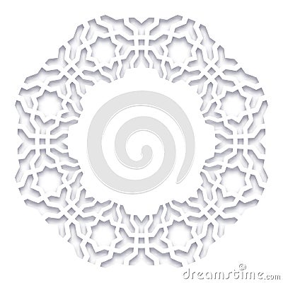 Paper cut out vector illustration. 3D round white frame, vignette. Islamic geometric border. Vector muslim, persian Vector Illustration