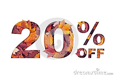 text 20 percent off filled with texture of red fall maple leaves Stock Photo