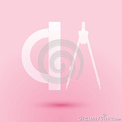 Paper cut Protractor and drawing compass icon isolated on pink background. Drawing professional instrument. Geometric Vector Illustration