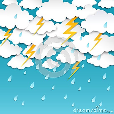Paper cut rainy sky. Storm background, rain season weather poster, origami forecast banner. Vector outcast thunder rainy Vector Illustration