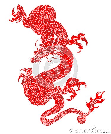 Paper cut Red tribal dragon tattoo.Japanese old dragon for tattoo. Traditional Asian tattoo the old dragon vector. Vector Illustration