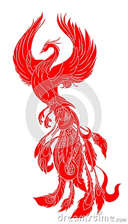 Paper cut Red tribal Phoenix fire bird tattoo. Vector Illustration