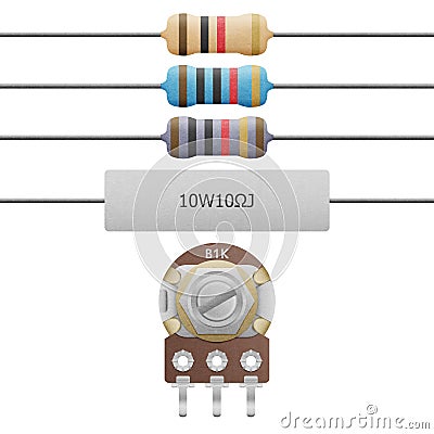 Paper cut of resistor 4-6 band, cement resistor and variable res Stock Photo