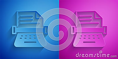 Paper cut Retro typewriter and paper sheet icon isolated on blue and purple background. Paper art style. Vector Vector Illustration