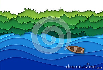 Paper cut river. Top view water stream and green tropical forest trees canopy. Creative origami natural aerial vector Vector Illustration