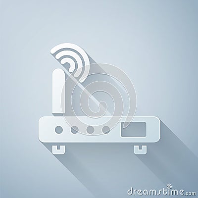 Paper cut Router and wi-fi signal icon isolated on grey background. Wireless ethernet modem router. Computer technology Vector Illustration