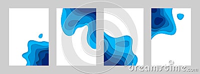 Paper cut sea posters. 3d ocean banners with papercut minimal gradient layout, blue origami waves. Vertical abstract Vector Illustration