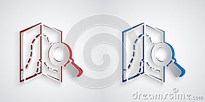 Paper cut Search location icon isolated on grey background. Magnifying glass with pointer sign. Paper art style. Vector Stock Photo
