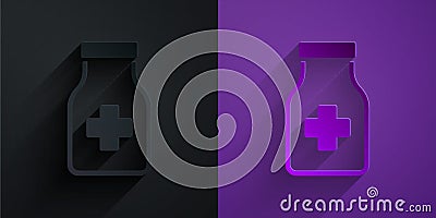 Paper cut Sedative pills icon isolated on black on purple background. Paper art style. Vector Stock Photo