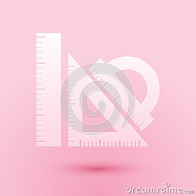 Paper cut Set ruler, triangular ruler and protractor icon isolated on pink background. Straightedge sign. Triangle sign Vector Illustration