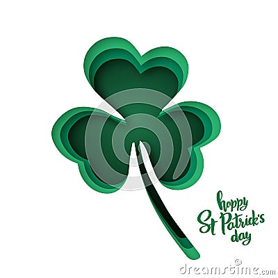 Paper cut shapes with silhouette of shamrock and lettering Happy St.Patrick`s Day. Vector Illustration
