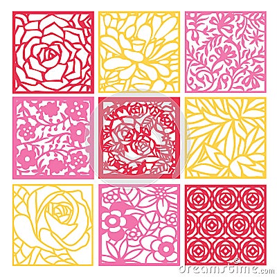 Paper Cut Silhouette Floral Fretwork Lattice Background Set Vector Illustration