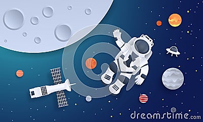 Paper cut space. Astronaut with planets stars and rocket design template, cartoon galaxy in paper style. Vector Vector Illustration