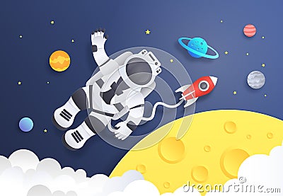 Paper cut space. Cartoon astronaut in cosmos with spaceship stars and planets, spaceman in galaxy. Vector background Vector Illustration