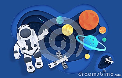 Paper cut space. Cartoon cosmonaut in open space with stars rocket spaceship planets and clouds. Vector astronaut in Vector Illustration