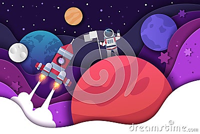 Paper cut spaceman. Cosmonaut discoverer sets flag on space object. Cartoon kid background with astronaut rocket and Vector Illustration