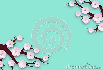 Paper cut spring background. Blossom cherry banner. Blossom branch sakura. Spring flower blooming card. Japanese floral background Stock Photo