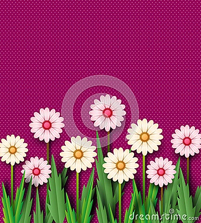 Paper cut the spring flowers of chamomile on a claret background. Template for greeting card, festive background. The style of the Cartoon Illustration