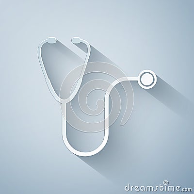 Paper cut Stethoscope medical instrument icon isolated on grey background. Paper art style Vector Illustration