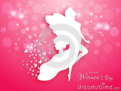 Paper cut style illustration of young girl with wings on pink bokeh background for Happy Women`s Day. Cartoon Illustration