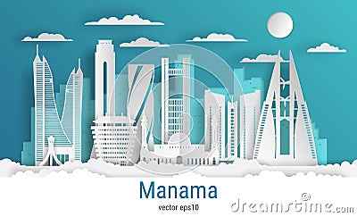 Paper cut style Manama city, white color paper Vector Illustration