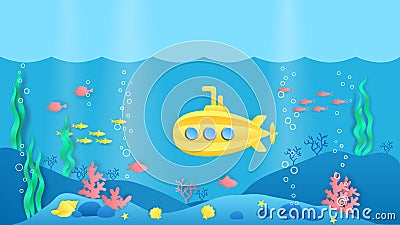 Paper cut submarine. Underwater ocean landscape with fish, seaweeds and coral reef in cartoon paper style. Vector marine Vector Illustration