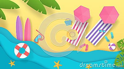 Paper cut summer beach. Vacation background with top view of waves umbrellas and seaside. Vector summer holiday poster Vector Illustration